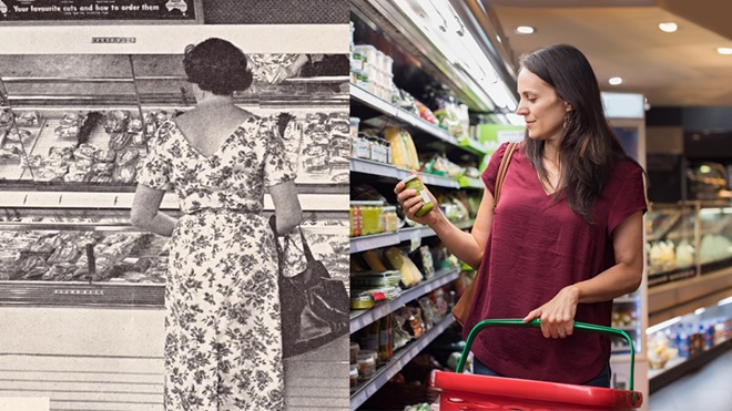 women shopping in the 60s and today